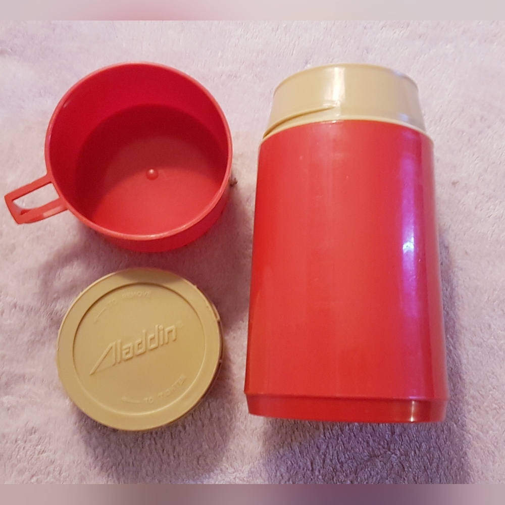 1980s Aladdin Thermos Insulated Bottle Thermos 1L Orange Tan Brown with Cup X-4